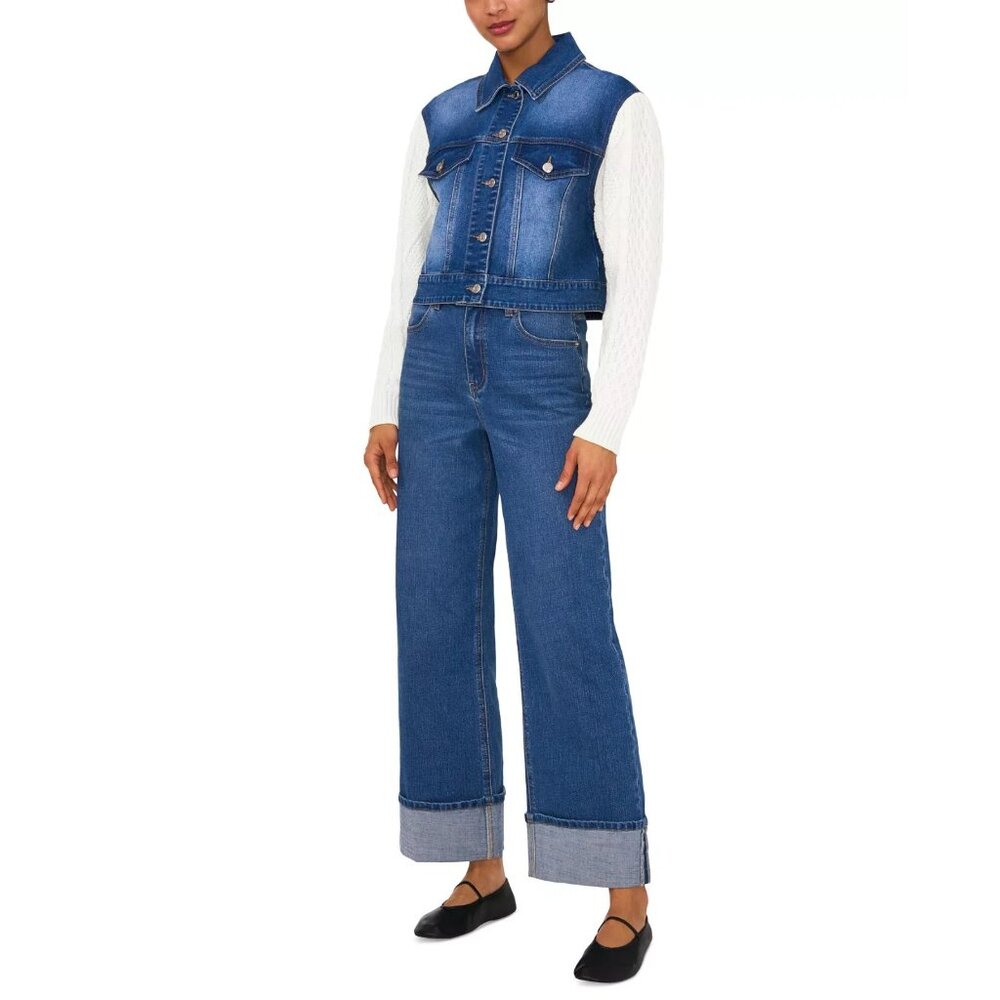 1.STATE Women's Sweater-Sleeve Denim Jacket Blue Size XS MSRP $139